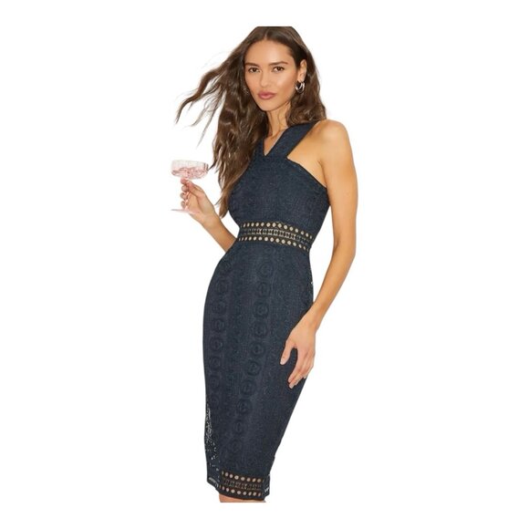 LULUS Dark Blue Lace Halter Sheath Midi Dress Sleeveless Size M NWT - Picture 2 of 10